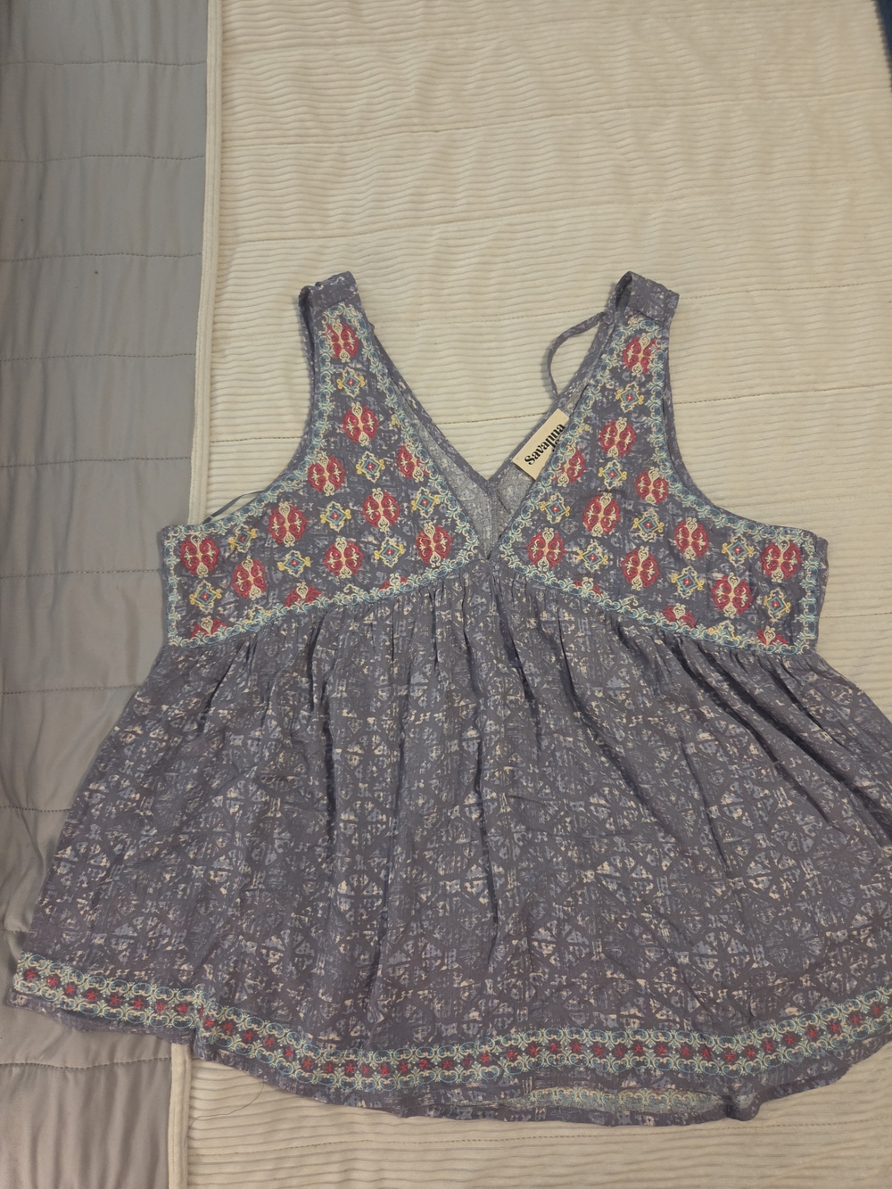 Savanna Jane Sunwashed Boho Embroidered V-Neck Tank Top - Blue Size 1X NWT